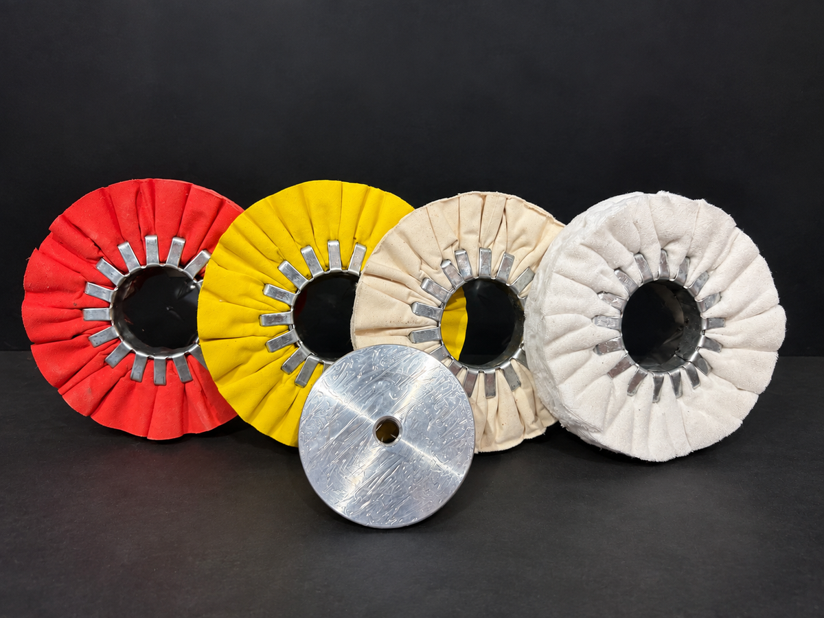 6 inch tight-area polishing kit with red, yellow, untreated and flannel airway buffing wheels and small safety flange set