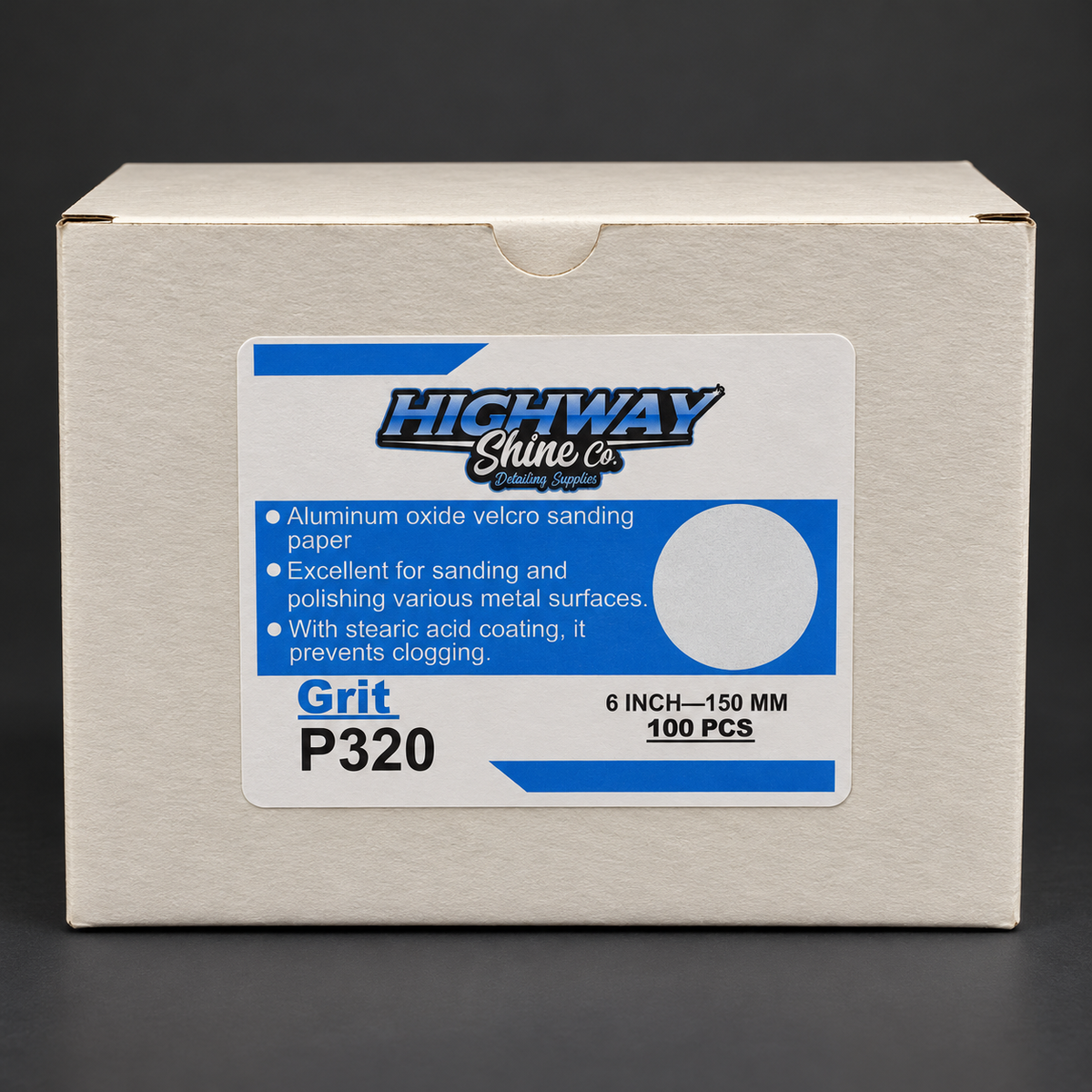 Highway Shine Co 320 grit 150mm hook and loop sanding discs, 100 pack box for mid-stage sanding before metal polishing
