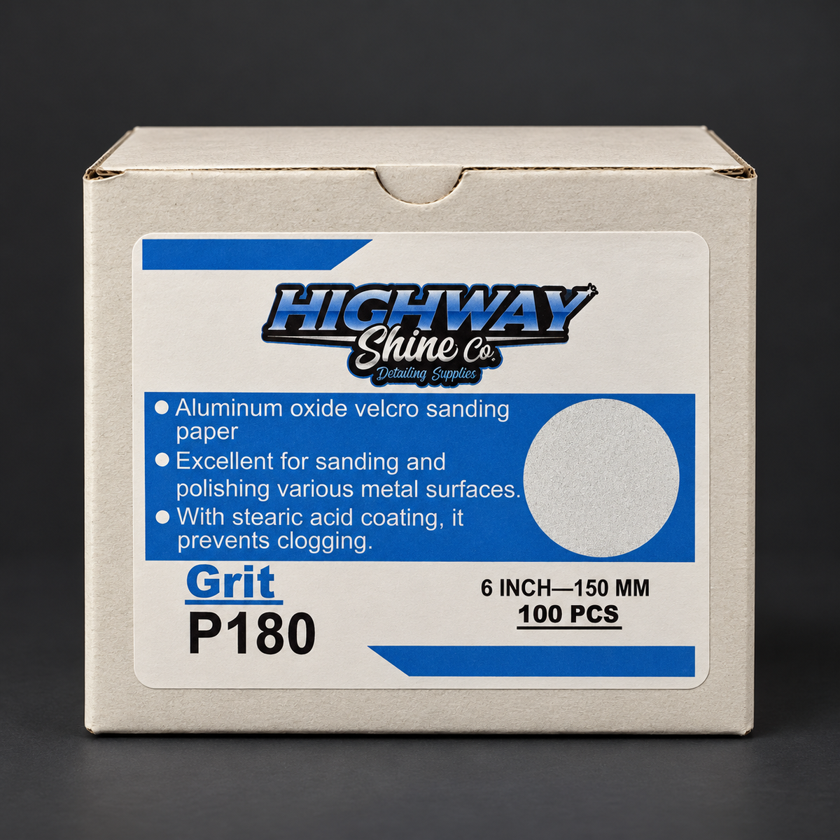 Highway Shine Co 180 grit 150mm hook and loop sanding discs, 100 pack box for levelling pitted aluminium before finer sanding