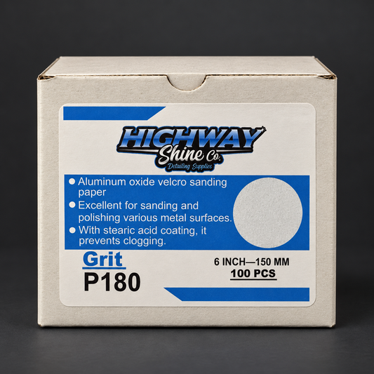Highway Shine Co 180 grit 150mm hook and loop sanding discs, 100 pack box for levelling pitted aluminium before finer sanding