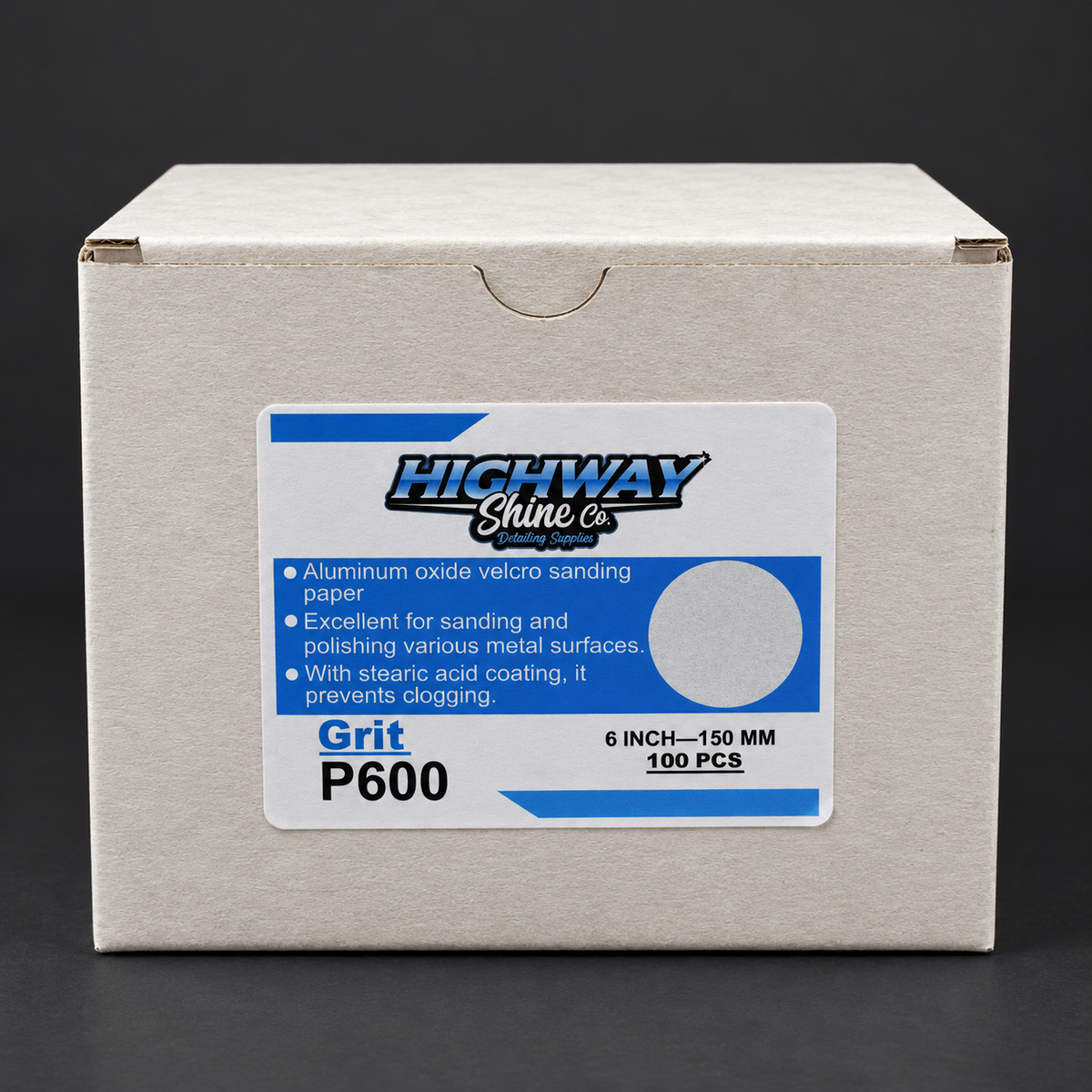 Highway Shine Co 600 grit 150mm hook and loop sanding discs, 100 pack box for fine prep before polishing aluminium and stainless