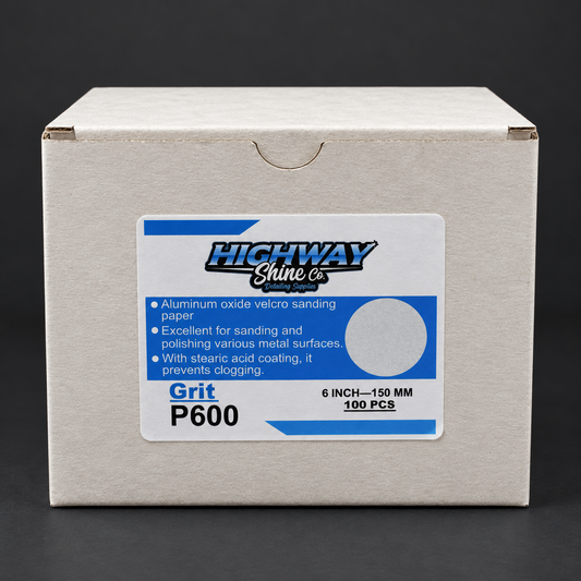Highway Shine Co 600 grit 150mm hook and loop sanding discs, 100 pack box for fine prep before polishing aluminium and stainless