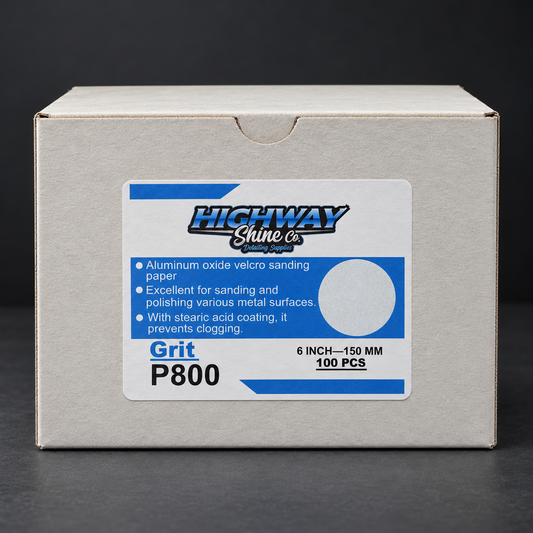 Highway Shine Co 800 grit 150mm hook and loop sanding discs, 100 pack box for the final sanding stage before buffing
