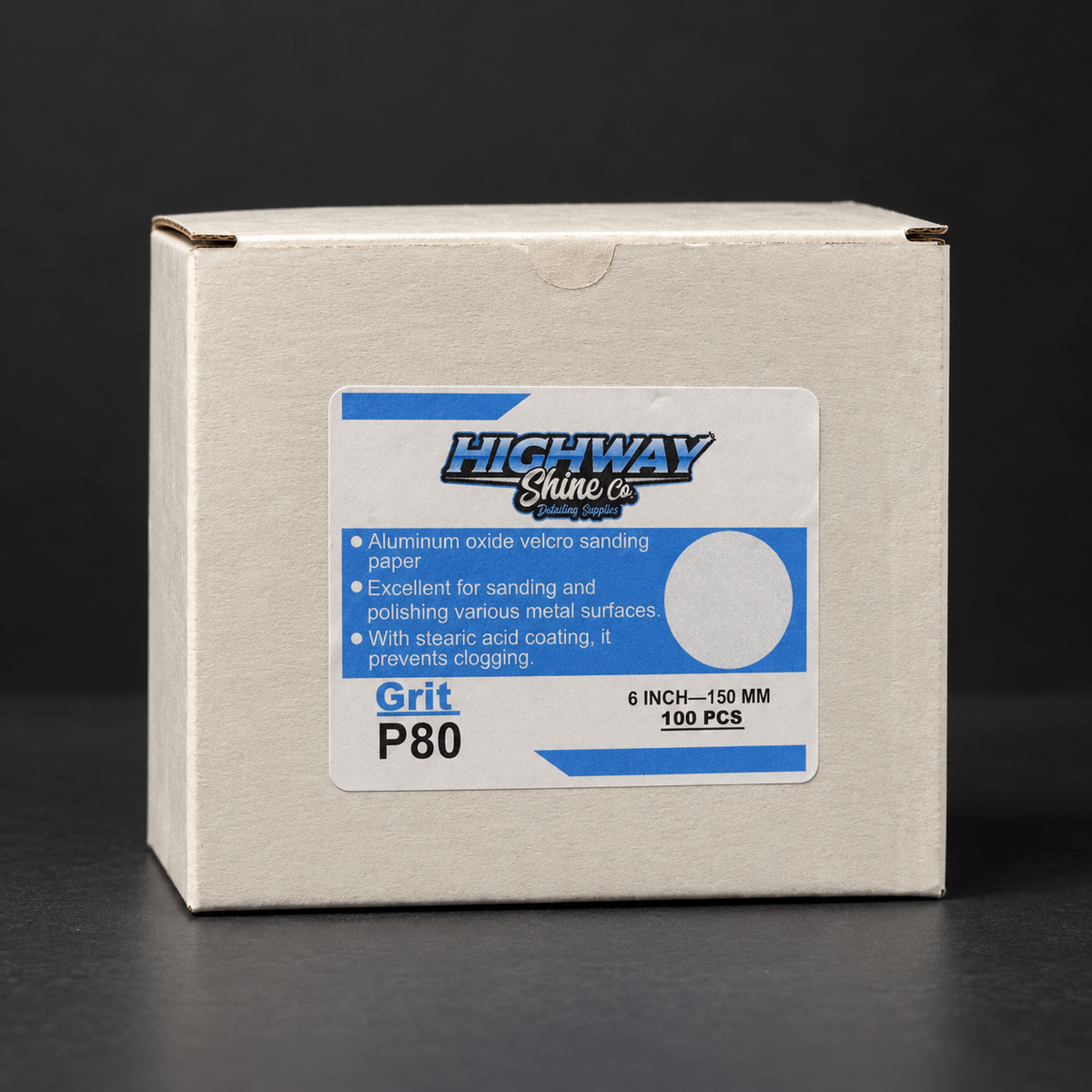 Highway Shine Co 80 grit 150mm hook and loop sanding discs, 100 pack box for heavy stock removal on pitted aluminium