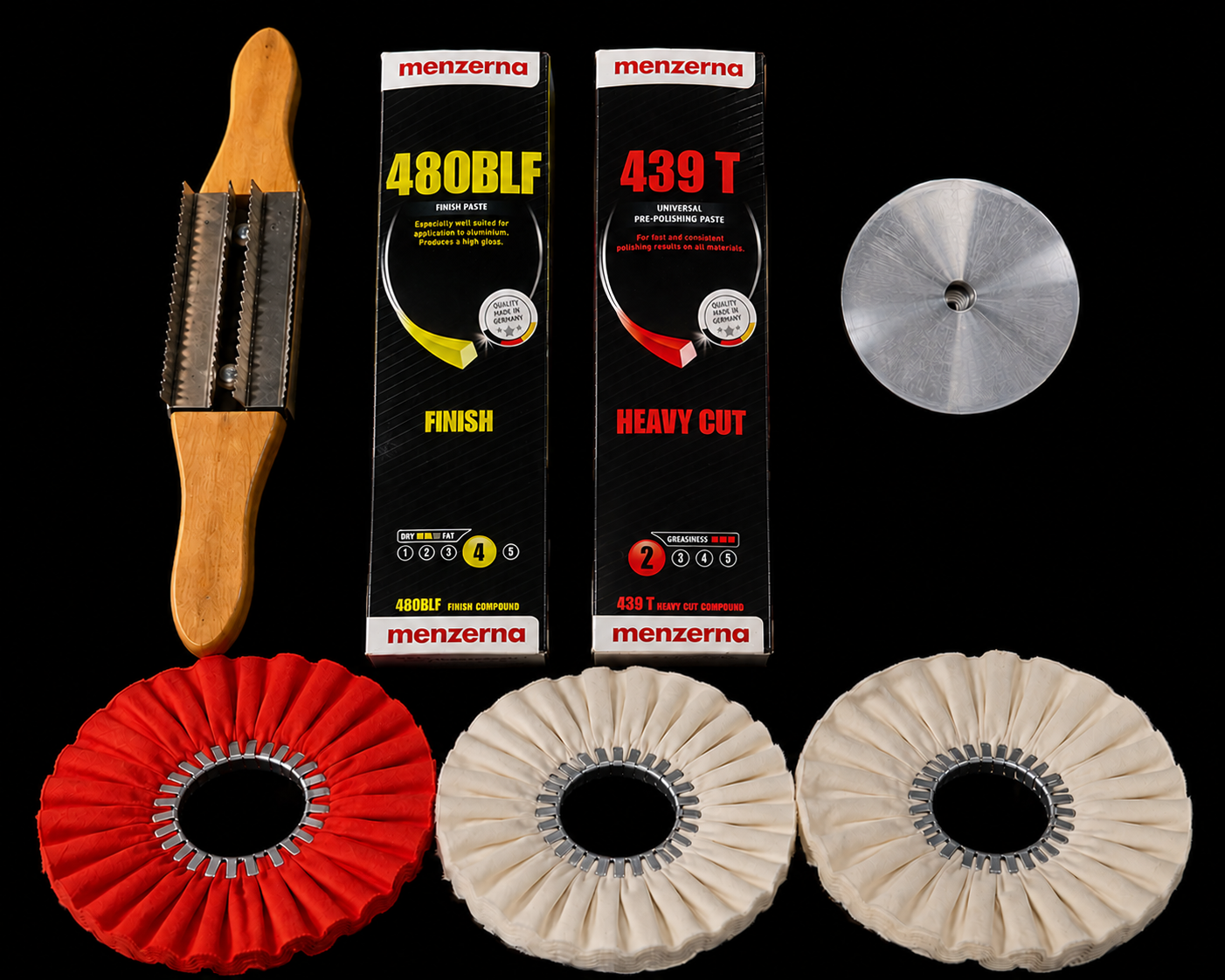 Polishing starter kit with buffing wheels compounds flange and rake